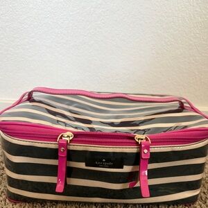 kate spade Black and Cream Striped Clear Cosmetic Pouch with Pink Trim